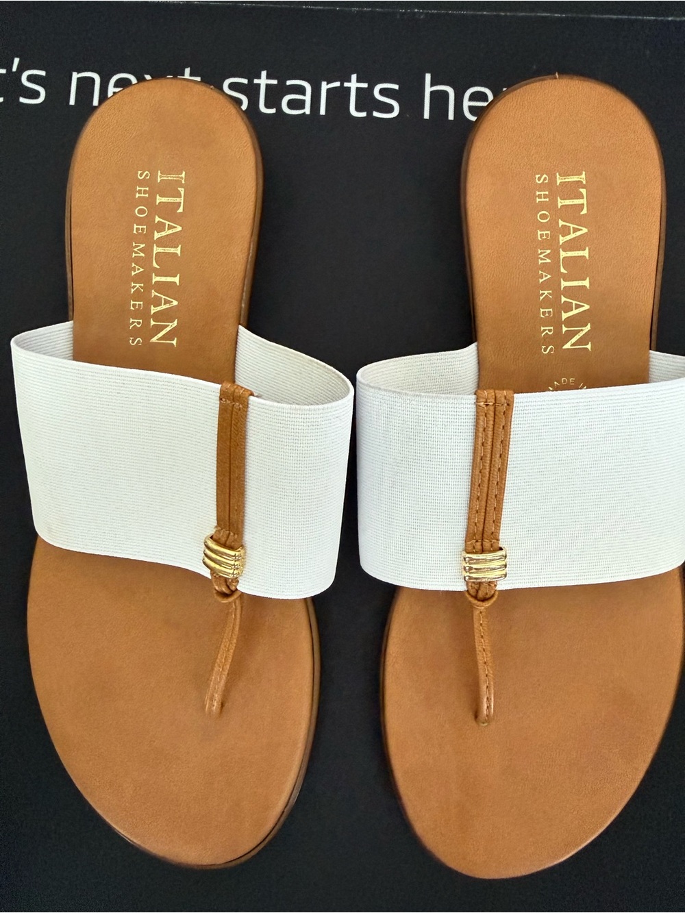 Italian Shoemakers White Elastic Band Tan Footbed Toe-Post Sandal
